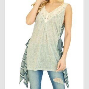 Ryu A'reve Women's XL Plus Size Gray Blue Crochet Bow Ties Flowing Tank Top